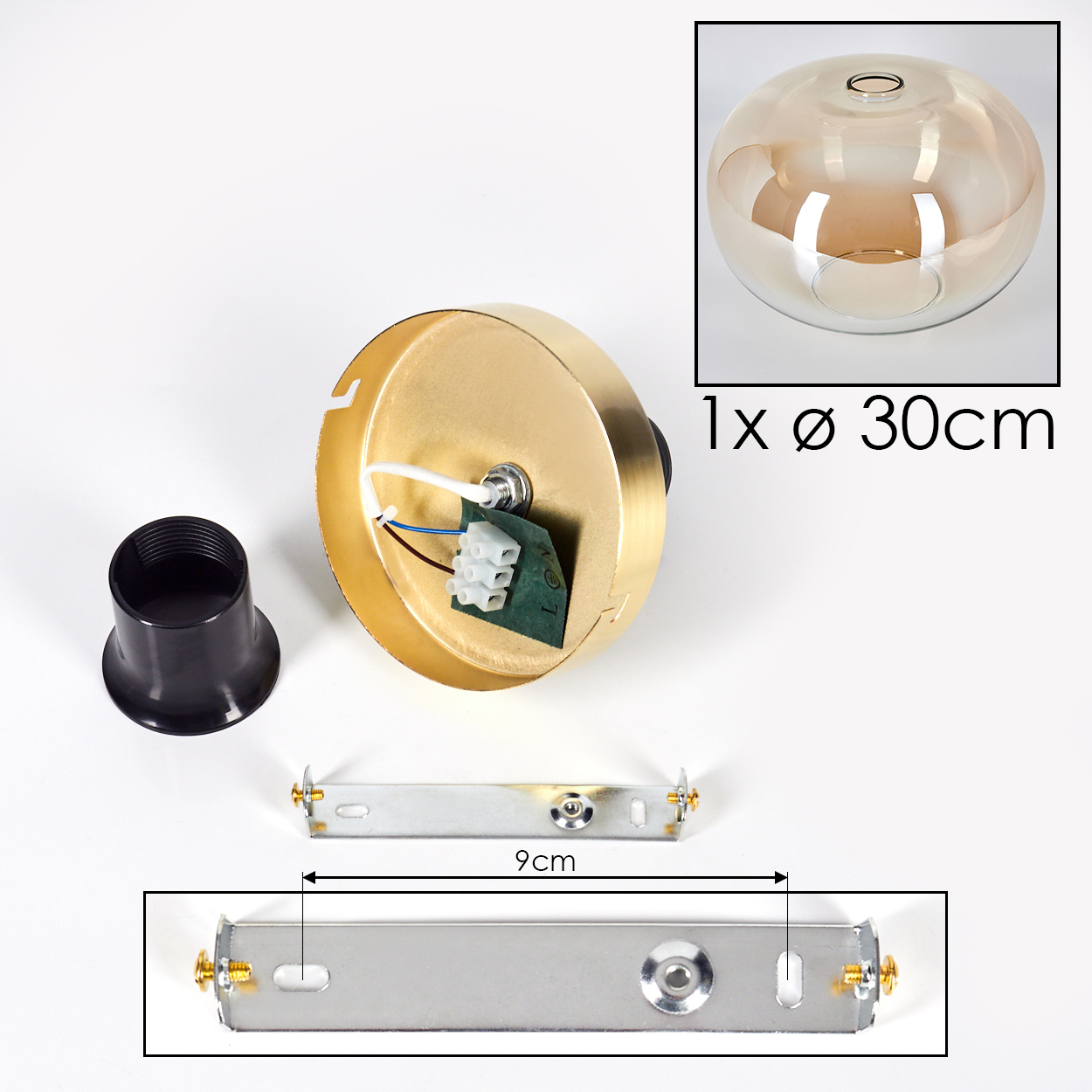 Zerlegte Pendelleuchtenkomponenten: goldene Kappe, schwarze Fassung, Glasschirm, Montagehalterung. Abmessungen und Details sind beschriftet.
