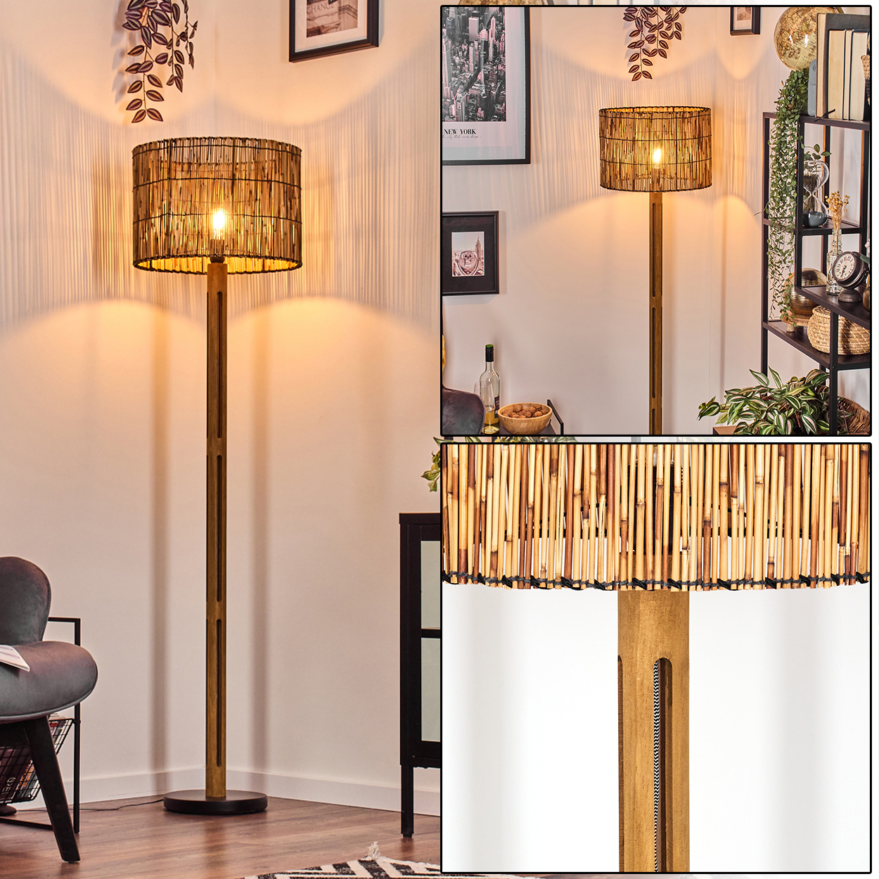 Eine Stehlampe mit Bambus-Lampenschirm und Holzstange ist eingeschaltet. Im Hintergrund sieht man einen Raum mit Bildern und Regalen.