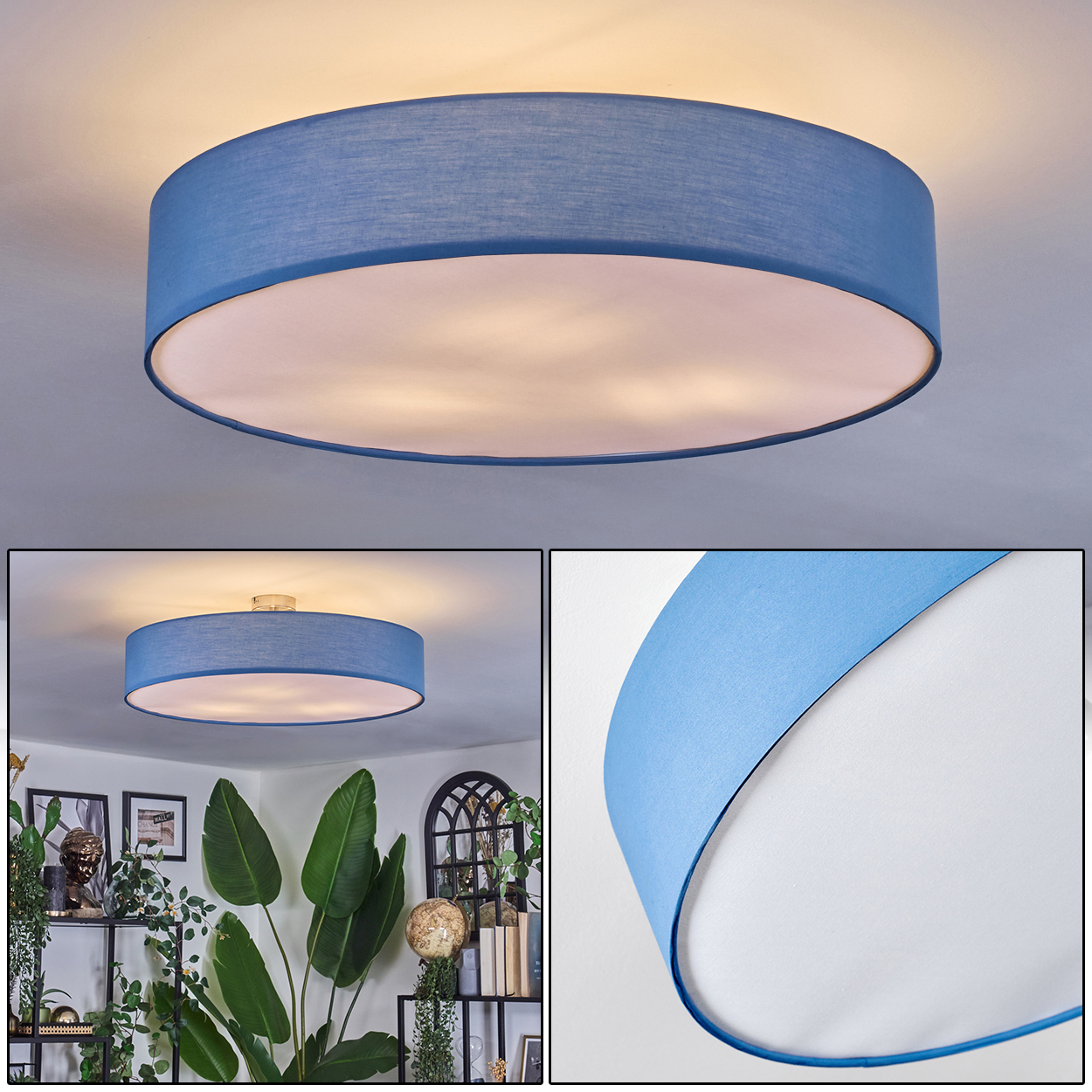 Eine blaue, kreisförmige Deckenlampe ist zentriert und strahlt Licht aus. Der Raum hat Pflanzen, Regale und Bilder.
