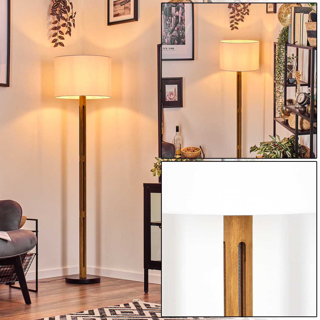 Eine Stehlampe mit beigem Schirm und Holzpfahl steht in einem Raum. Hintergrund: Kunst, Pflanzen und Möbel.