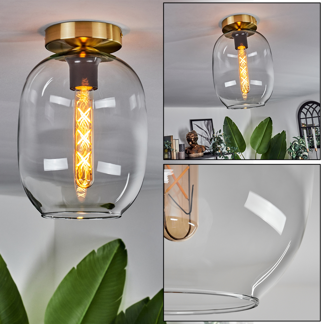 Eine moderne Deckenleuchte mit goldenem Oberteil und transparentem Glasschirm. Im Inneren leuchtet eine dekorative Glühbirne.