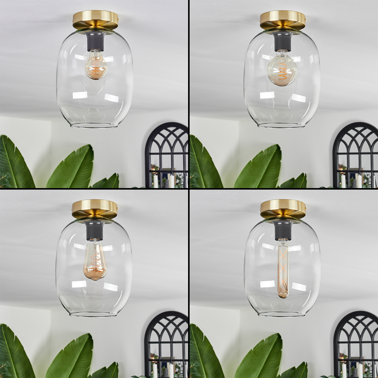 Viergeteiltes Bild mit Deckenlampen mit Glasschirmen und goldenen Armaturen. Grüne Blätter und Bogenfenster sind im Hintergrund.