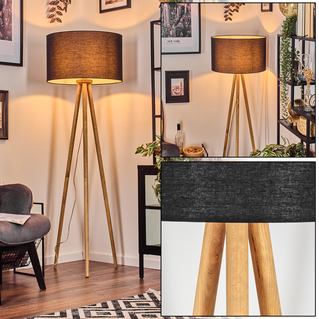 Eine Stehlampe mit schwarzem Lampenschirm und Holzbeinen steht in einem Raum mit Stuhl und Dekor.