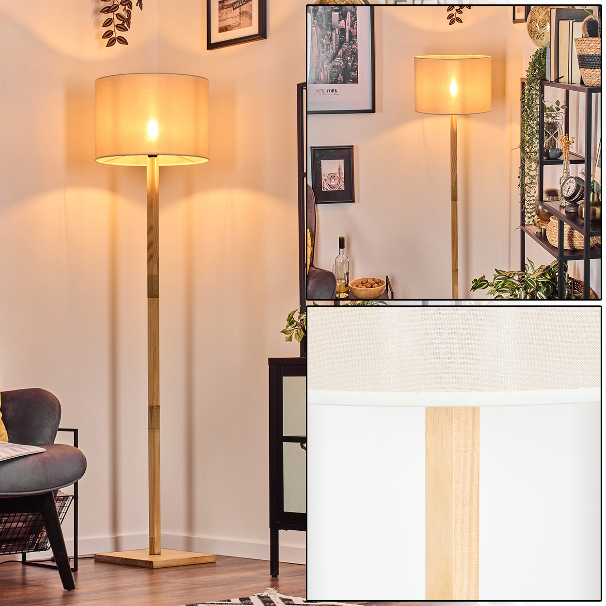 Eine beleuchtete Stehlampe mit beigem Lampenschirm steht in einem Raum. Ein dunkler Schrank und ein Stuhl sind sichtbar.