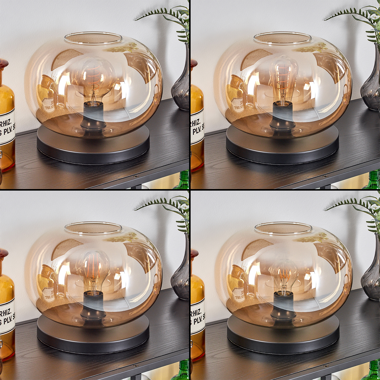 Eine dekorative Lampe mit einer Glühbirne steht auf einem Regal. Um die Lampe herum befinden sich Vasen und Flaschen.