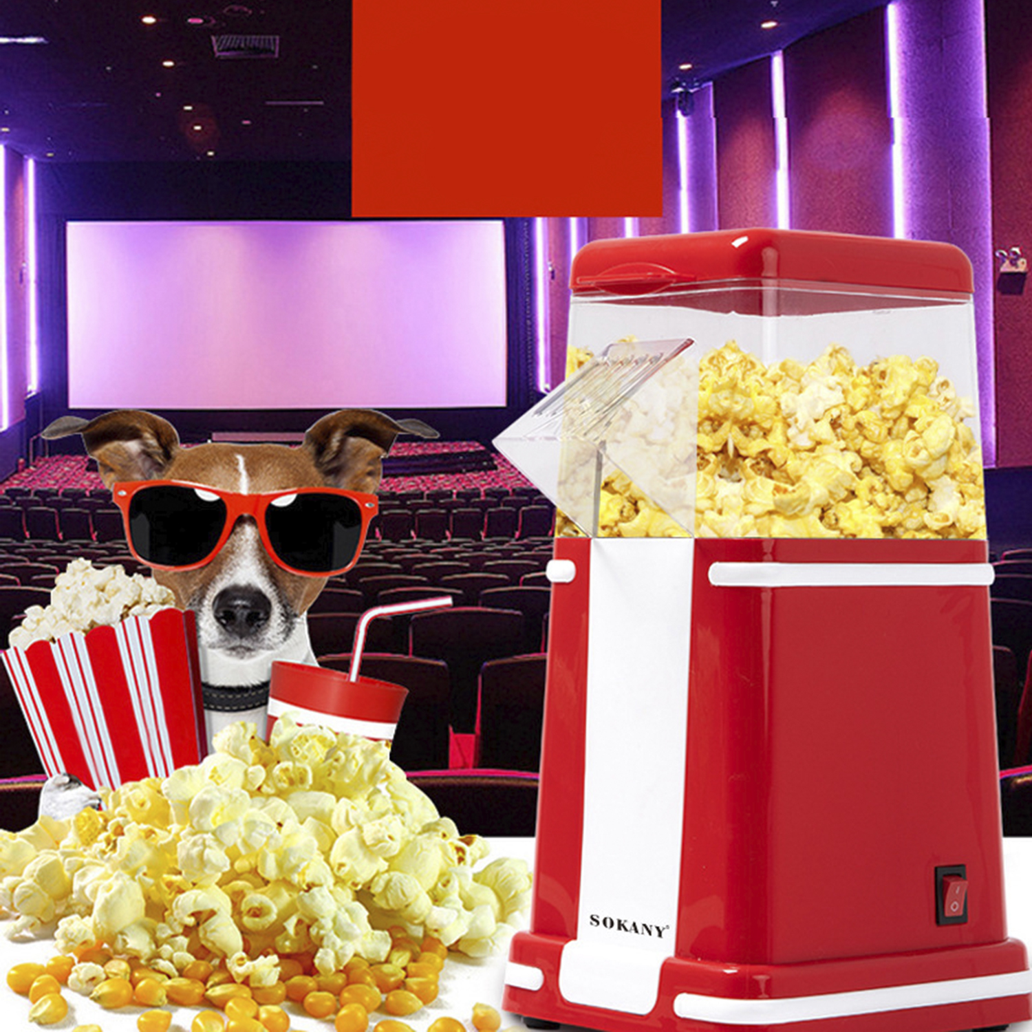 Un cane con occhiali da sole, popcorn e soda, una macchina per popcorn e uno sfondo cinematografico.