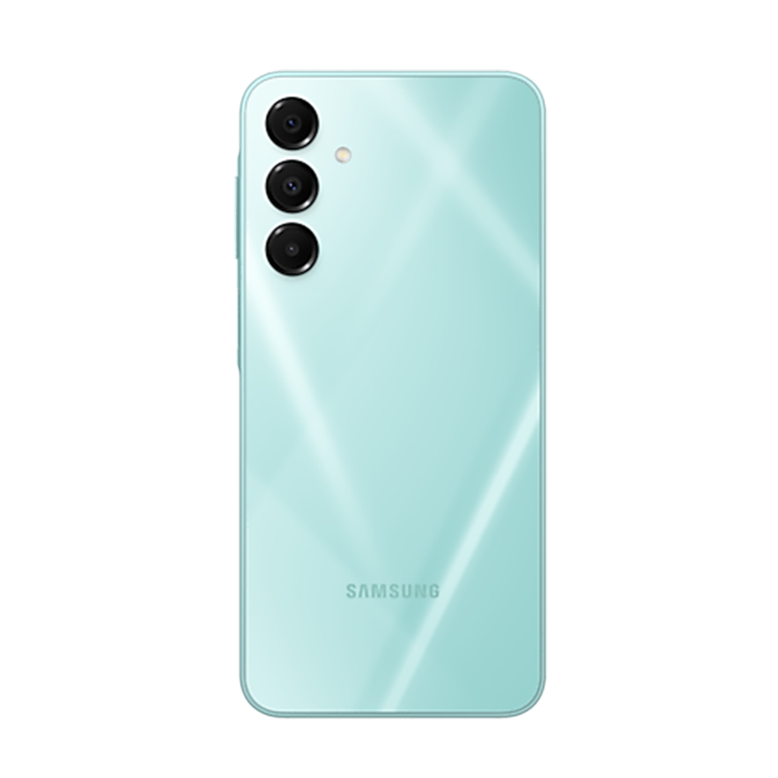 Rückseite eines mintgrünen Samsung-Telefons. Es hat drei Kameras und einen Blitz. Das Samsung-Logo befindet sich unten.