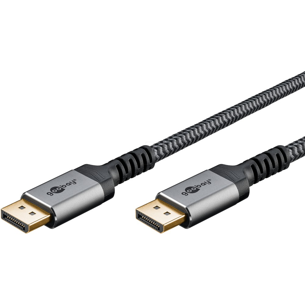 Twee DisplayPort-kabels. Zilveren connectoren met goudkleurige contacten en 'goobay'-logo. Zwart-grijze gevlochten kabel.