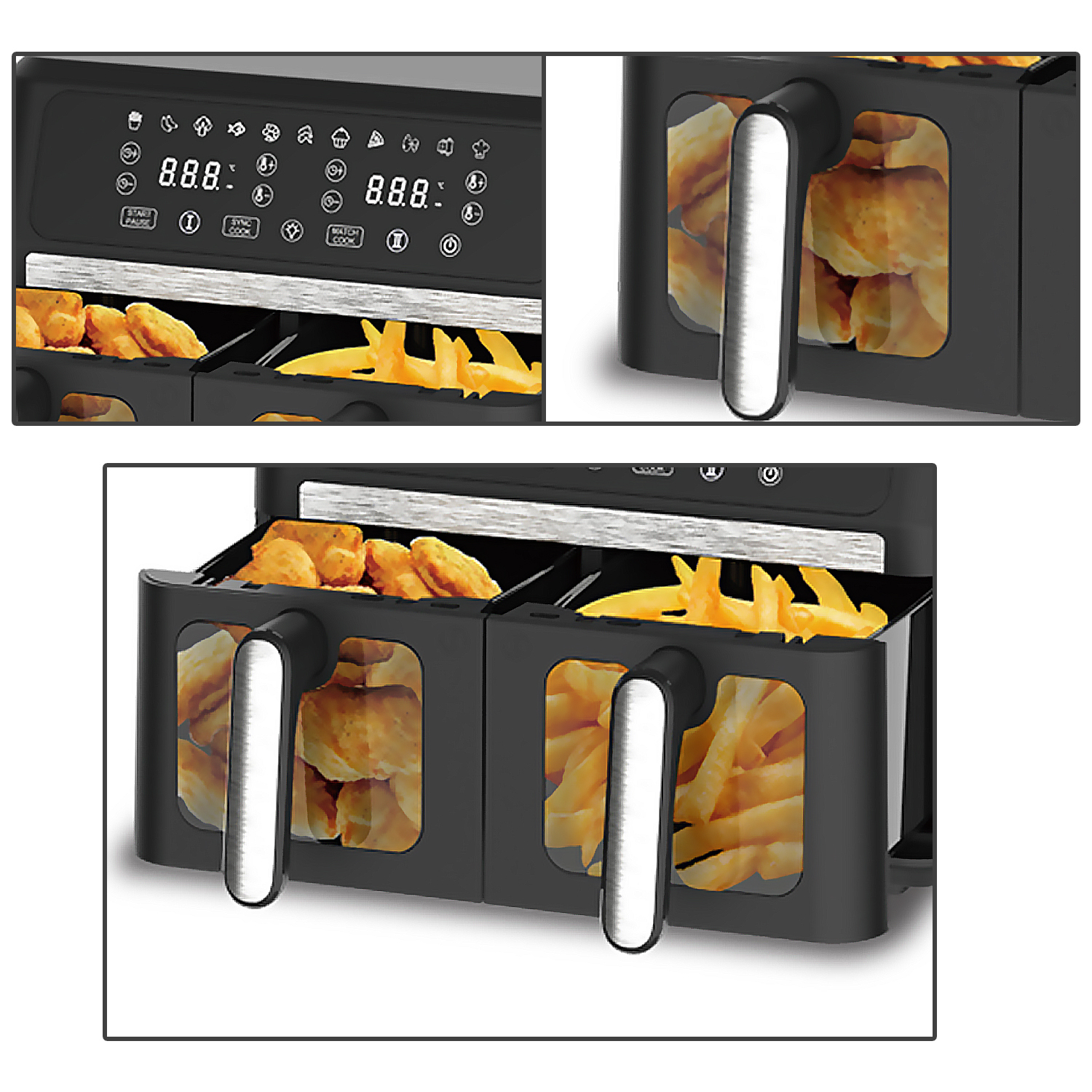 Friggitrice ad aria nera con pepite di pollo e patatine fritte nei cestelli. Il display digitale mostra le impostazioni. Maniglie argentate.