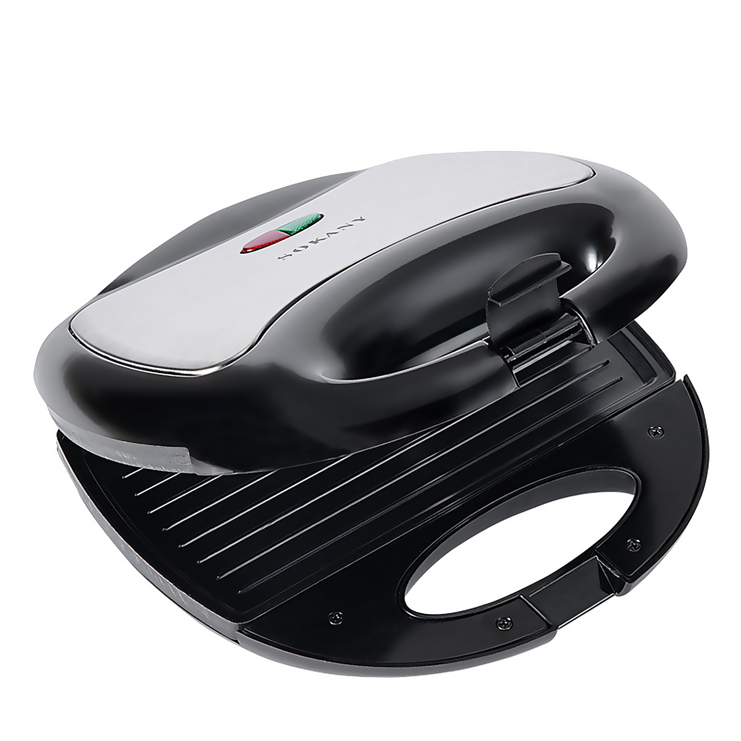 Ein offener Sandwichmaker in Schwarz und Silber. Er hat einen Griff und Kontrollleuchten. Der Markenname ist sichtbar.