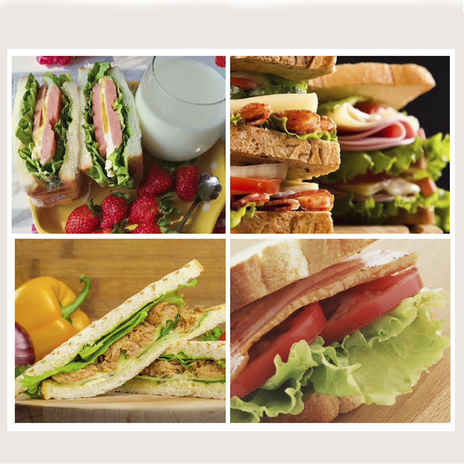 Quattro immagini di panini. In alto a sinistra: panini con lattuga, carne e fragole con latte. In alto a destra: panino a strati.