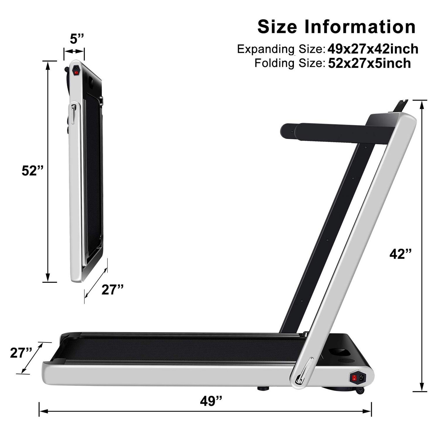 A treadmill with dimensions labeled. Expanding size: 49x27x42 inches. Folding size: 52x27x5 inches. Features black, white, and red elements.