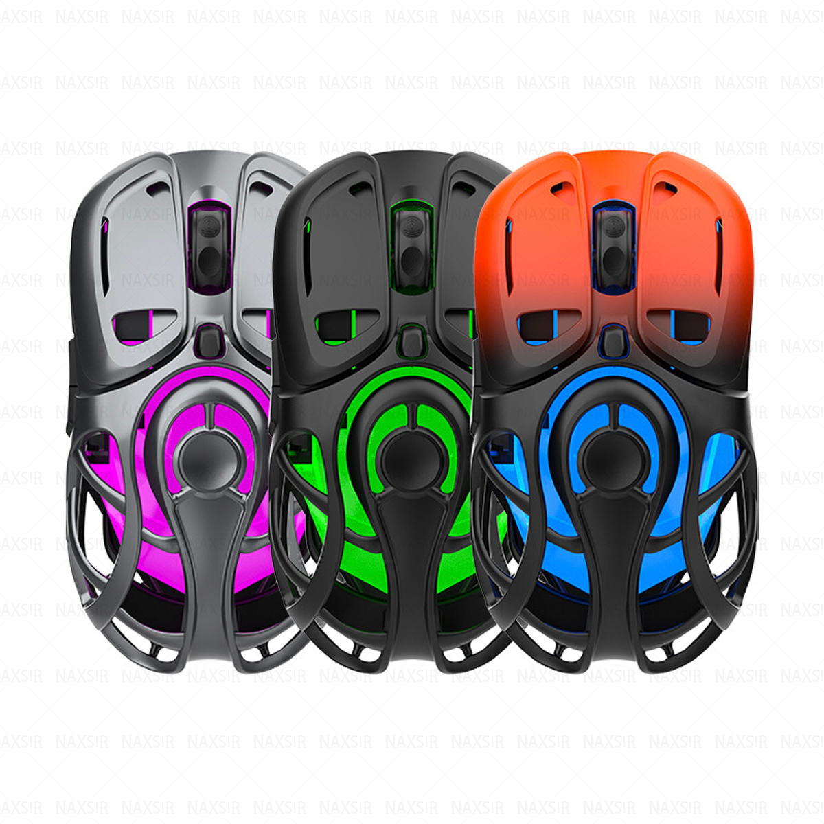 Drei Gaming-Mäuse mit unterschiedlichen Farbakzenten. Silber, schwarz und orange mit leuchtenden rosa, grünen und blauen Lichtern.