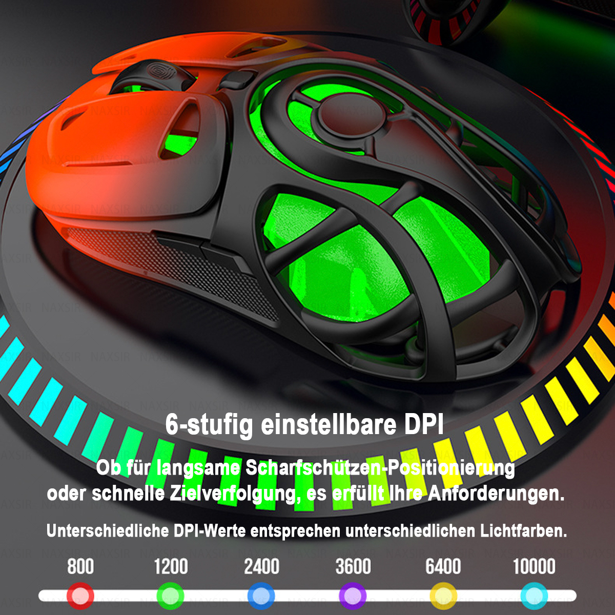 Eine Gaming-Maus mit orange-schwarzem Design, grünem Licht und einer DPI-Einstellungsanzeige mit verschiedenen Farben.