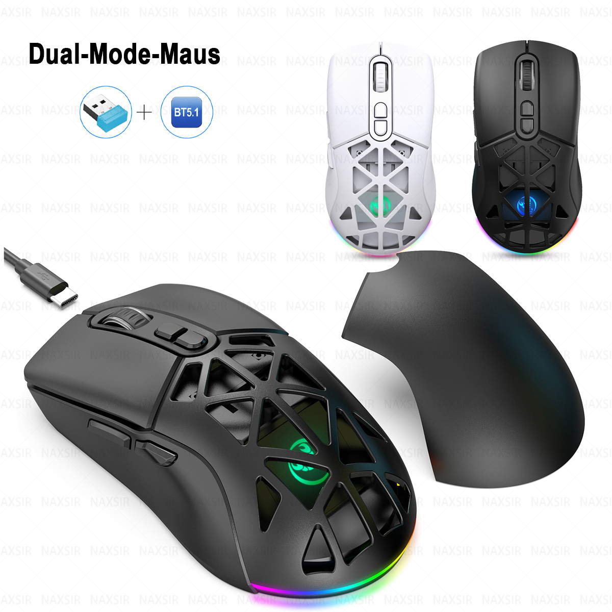 Das Bild zeigt Gaming-Mäuse, darunter eine schwarze Maus mit RGB und eine weiße. Außerdem gibt es USB- und BT5.1-Symbole.
