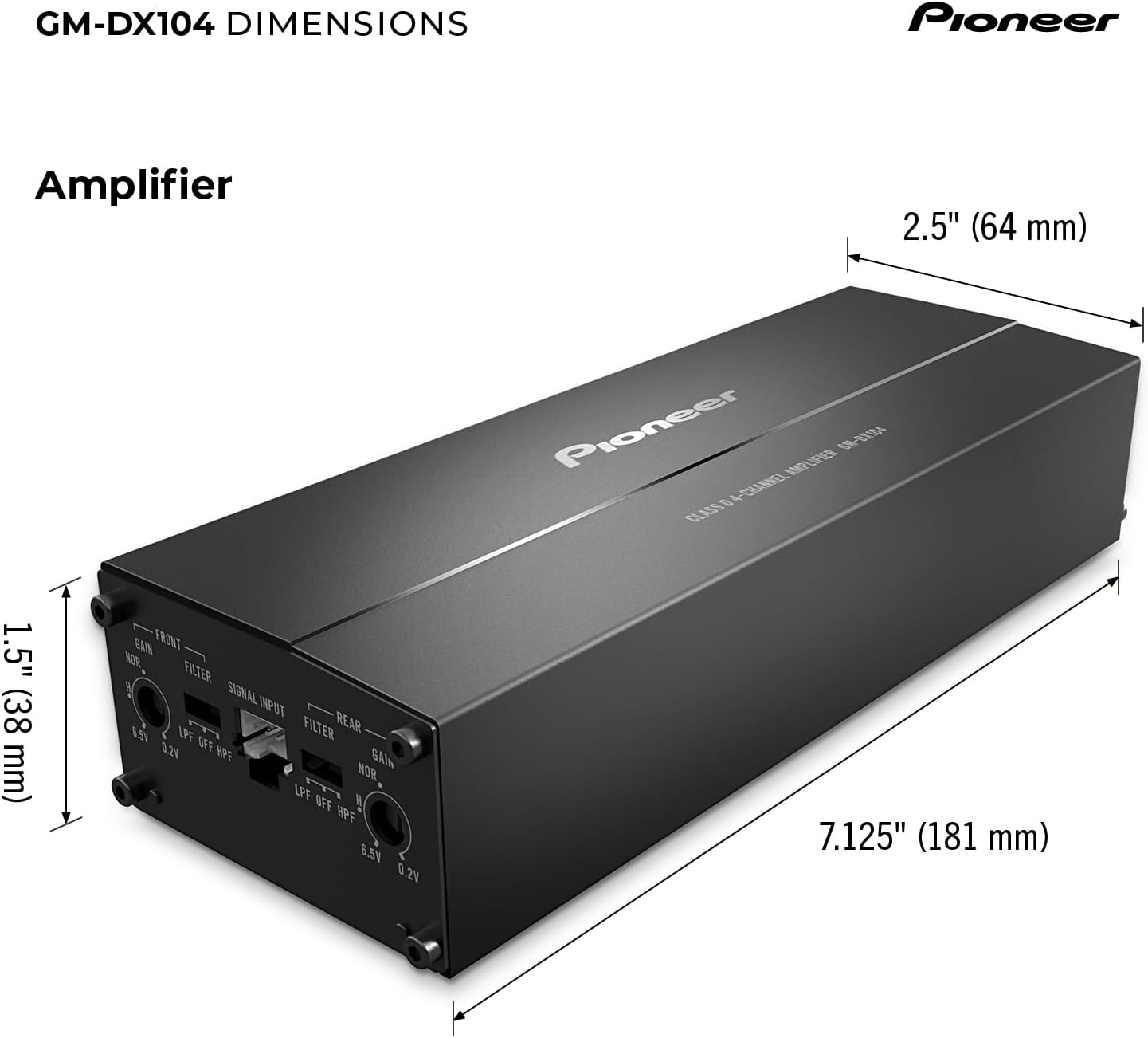 Ein Pioneer GM-DX104 Verstärker. Schwarz mit silbernem Text, Abmessungen: 7,125" x 2,5" x 1,5". Text beinhaltet 'Gain', 'Filter' und Eingänge.