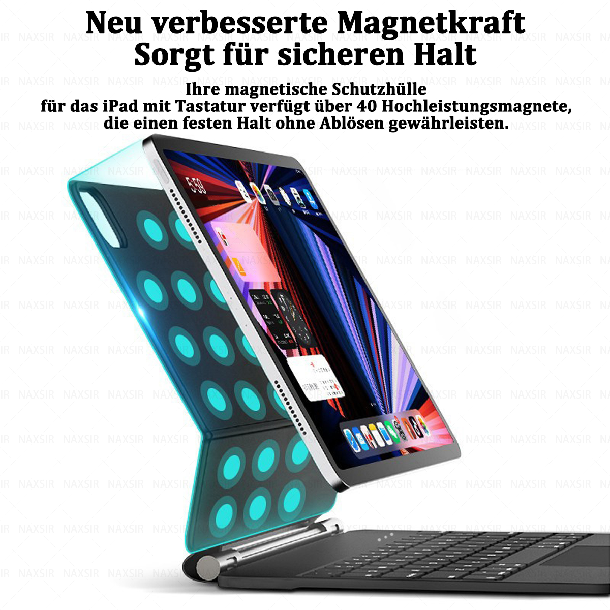 Ein iPad mit angeschlossener Tastatur. Das iPad zeigt Apps an, und die Hülle hat Magnete. Text: neue, verbesserte Magnetkraft.