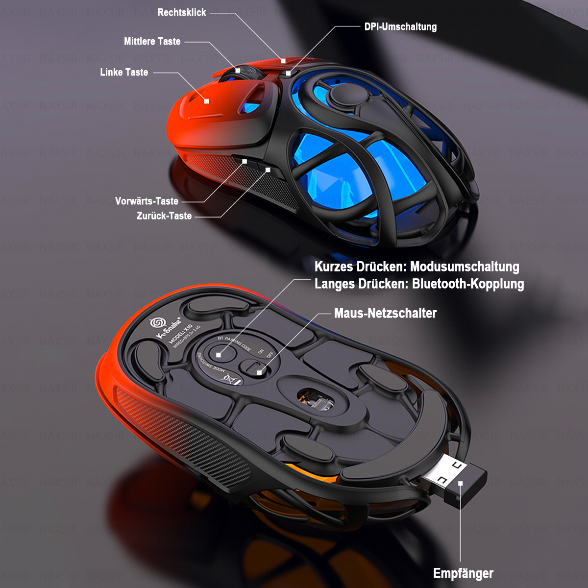 Gaming-Maus mit rot-schwarzem Design, zeigt Ober- und Unterseite, beschriftet mit verschiedenen Funktionen.