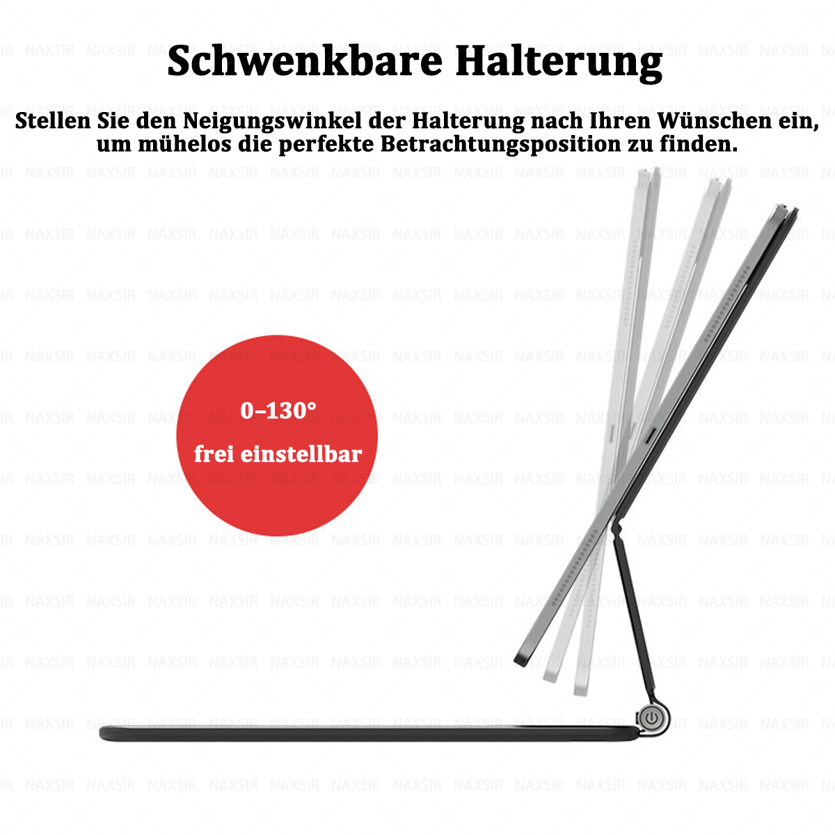 Verstellbarer Tablethalter, schwarze Basis, silbergrauer Rahmen. Winkelbereich: 0-130 Grad. Weißer Hintergrund.