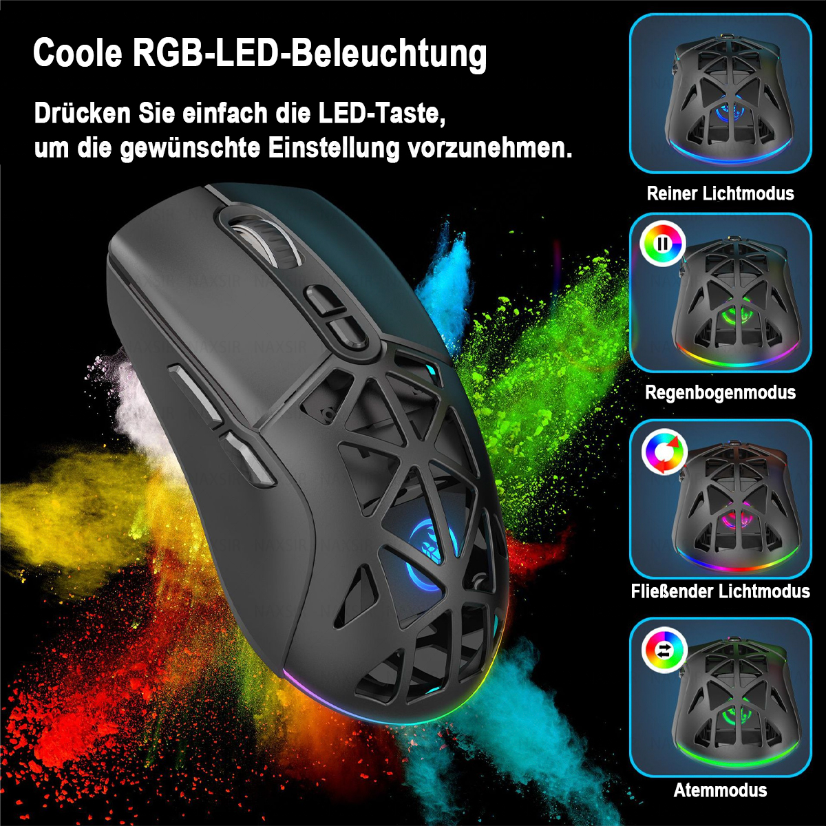 Eine schwarze Gaming-Maus mit RGB-Beleuchtung wird gezeigt, mit verschiedenen Beleuchtungsmodi. Text auf Deutsch.