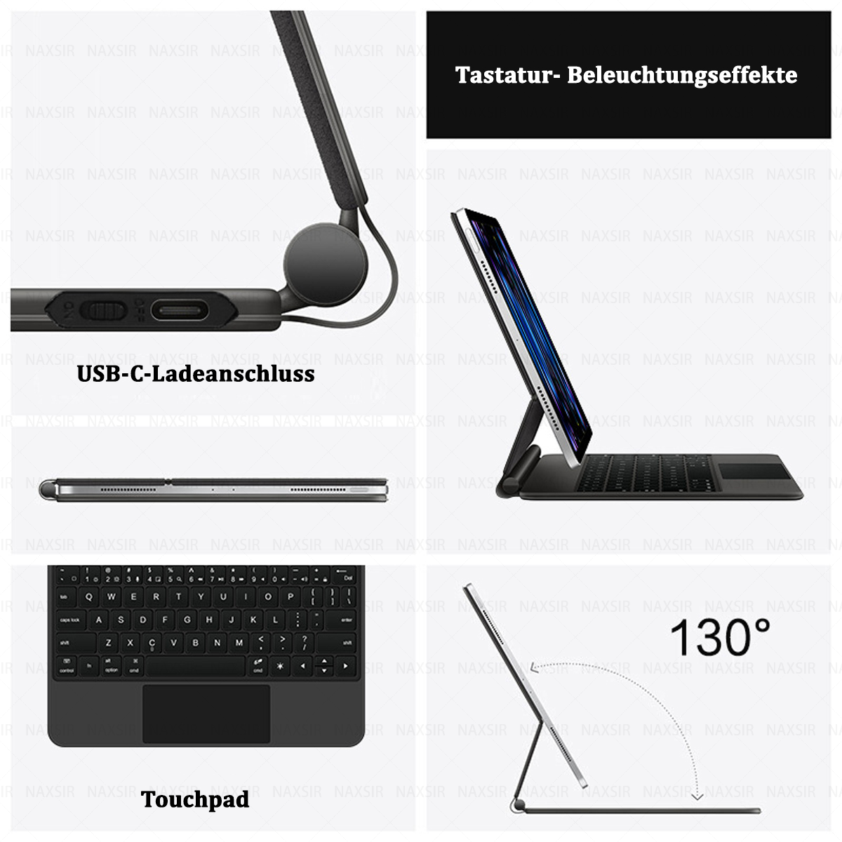 Ein Tablet mit Tastatur. Details umfassen USB-C-Anschluss, Touchpad und einen Neigungswinkel von 130 Grad. Tastatur-Hintergrundbeleuchtungseffekt.