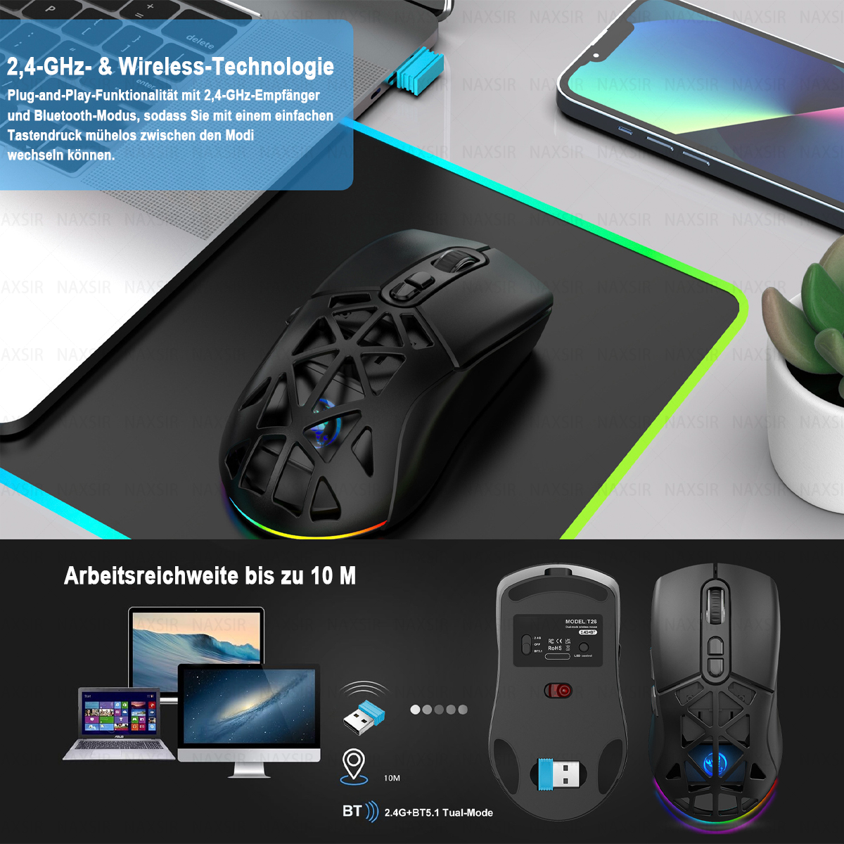 Schwarze Gaming-Maus mit RGB-Beleuchtung. Ein Laptop und ein Telefon sind ebenfalls sichtbar. Text erwähnt 2,4 GHz und Bluetooth.