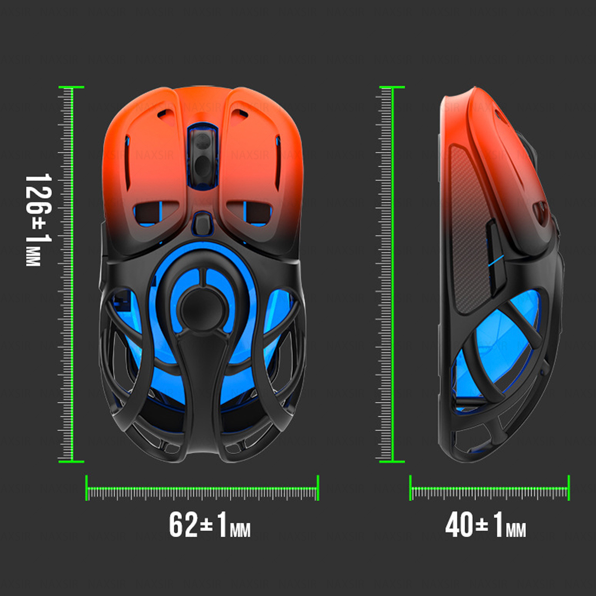 Eine Gaming-Maus wird in zwei Ansichten angezeigt, oben und seitlich. Sie hat eine orangefarbene Oberseite, einen schwarzen Rahmen und blaue Beleuchtung.