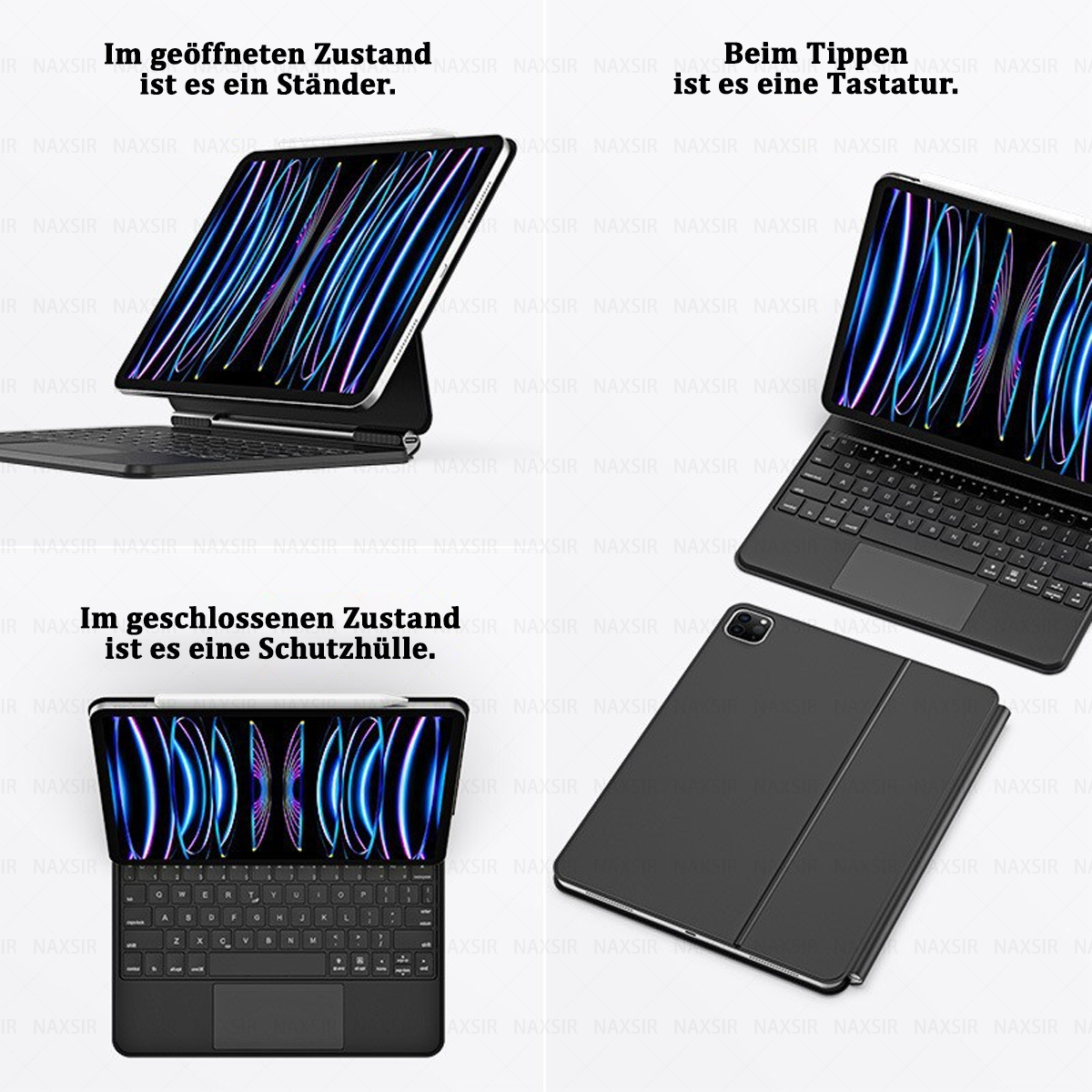 Vier Bilder zeigen ein Tablet in verschiedenen Zuständen: offen als Ständer, beim Tippen, geschlossen mit Tastatur und geschlossen als Hülle.