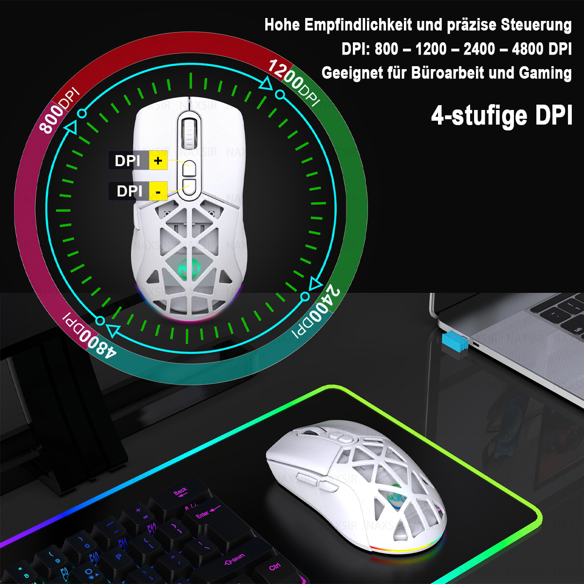 Eine weiße Gaming-Maus mit einstellbaren DPI-Einstellungen und einem passenden Mauspad. Eine Tastatur und ein Laptop sind ebenfalls im Bild zu sehen.
