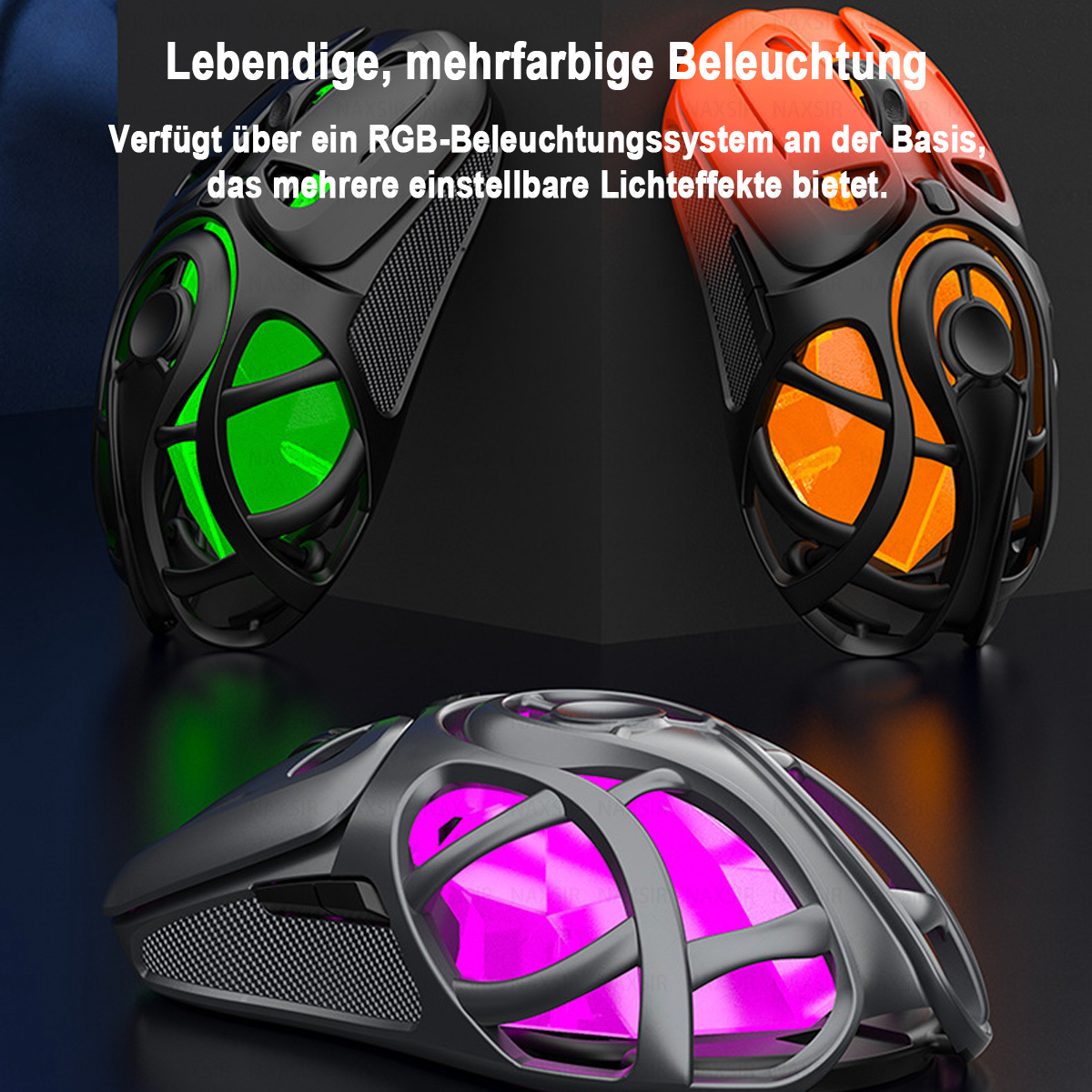 Drei Gaming-Mäuse mit farbenfroher RGB-Beleuchtung. Die oberen beiden haben grüne und orangefarbene Lichter, die untere hat rosa.