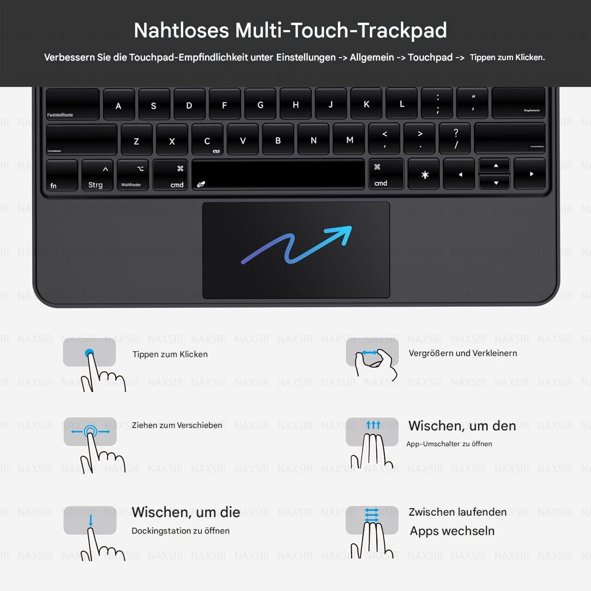 Eine schwarze Tastatur mit Touchpad und Anweisungen für Touchpad-Gesten. Der Hintergrund ist weiß.