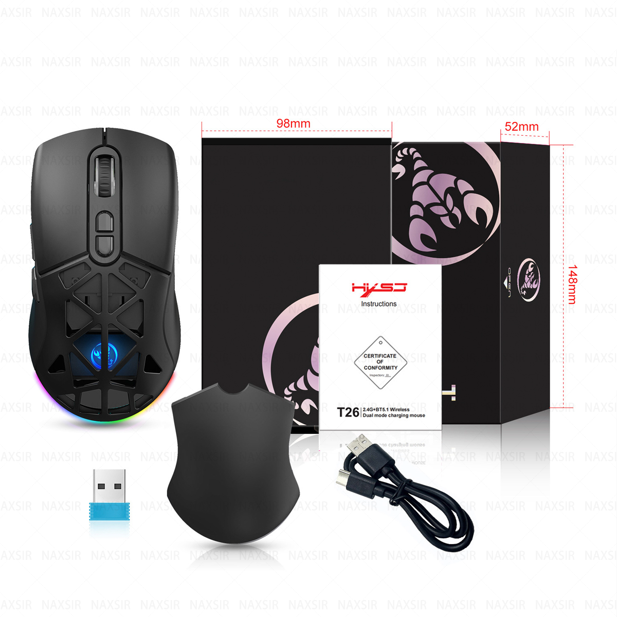 Eine schwarze Gaming-Maus mit USB-Empfänger, Ladekabel und Verpackung. Die Schachtel hat ein Skorpion-Logo. Anweisungen enthalten.