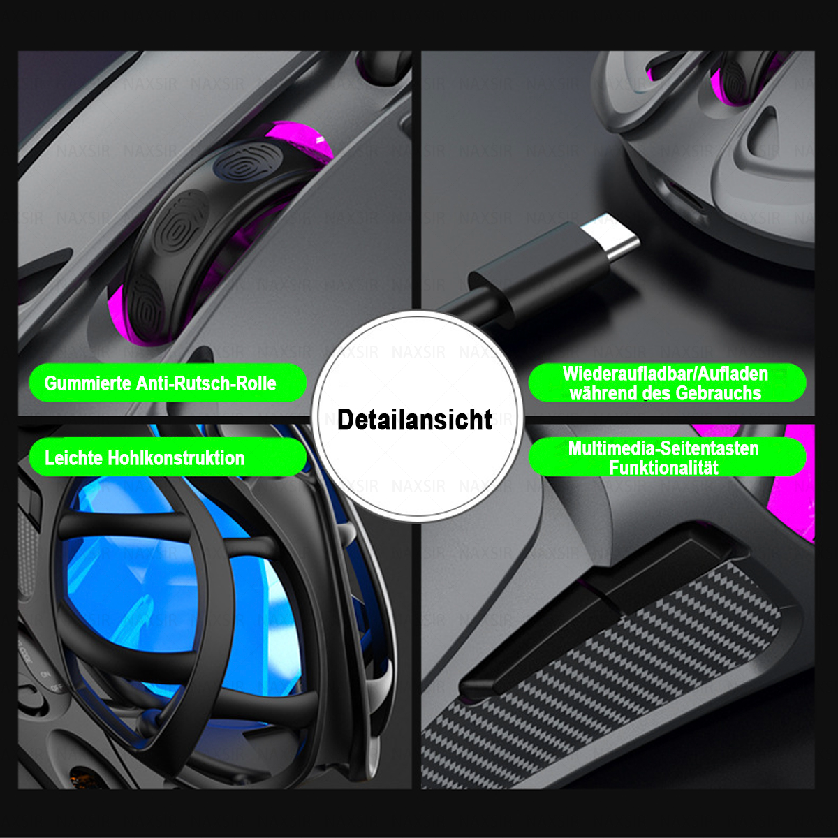 Das Bild zeigt Mausdetails: gummierte Anti-Rutsch-Rolle, leichte Hohlkonstruktion, Aufladen und Multimedia-Seitentasten-Funktionalität.