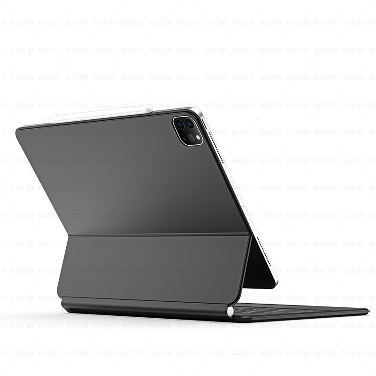 Ein schwarzes Tablet mit Tastaturhülle wird in einem Winkel angezeigt und zeigt Bildschirm, Tastatur und Stift.