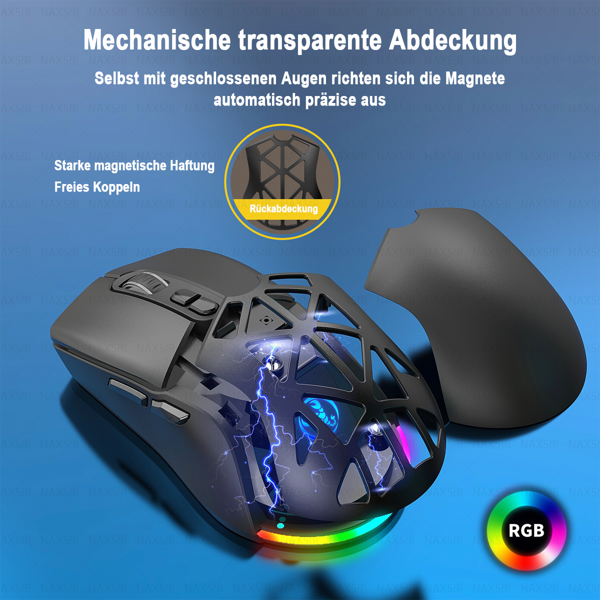 Eine Gaming-Maus mit transparenter Abdeckung, RGB-Beleuchtung und magnetischer Rückseite.
