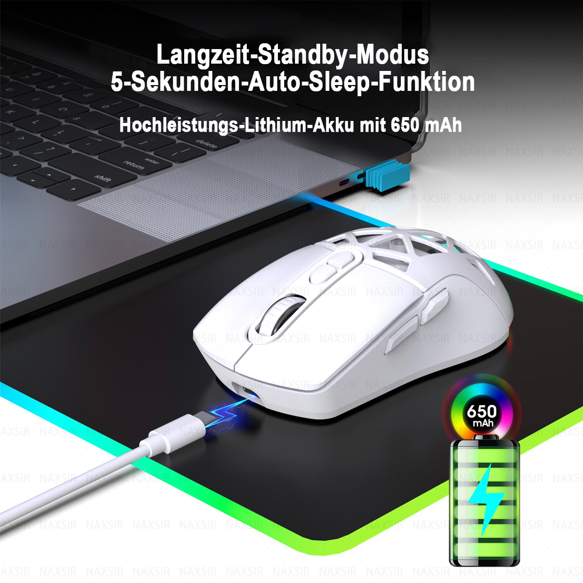 Eine weiße Maus ist mit einem Laptop verbunden. Ein Akkusymbol zeigt 650 mAh. Text beinhaltet Standby- und Schlaffunktionen.