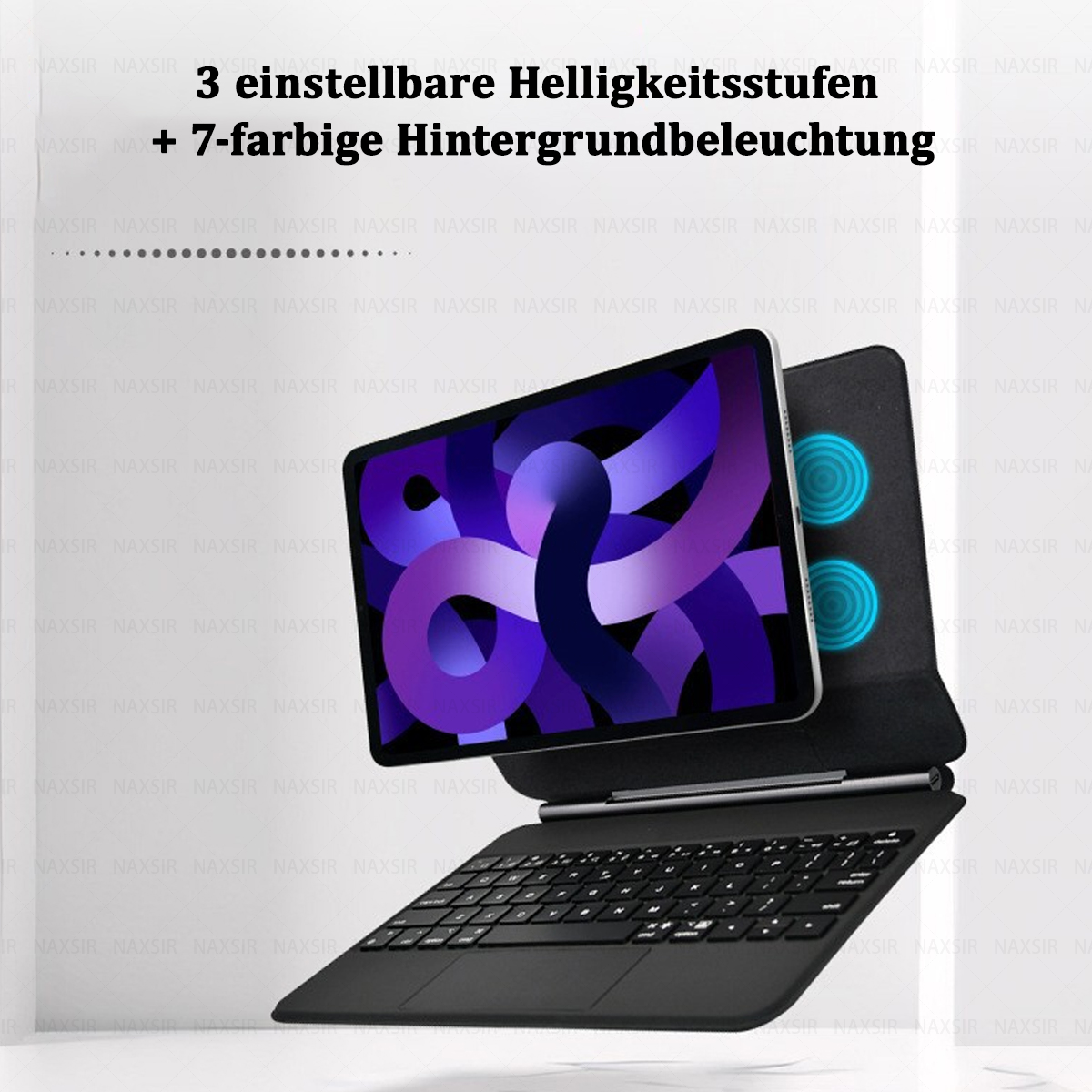 Tablet mit Tastatur. Der Bildschirm zeigt lila Kunst. Text: 3 Helligkeitsstufen + 7-Farben-Hintergrundbeleuchtung.