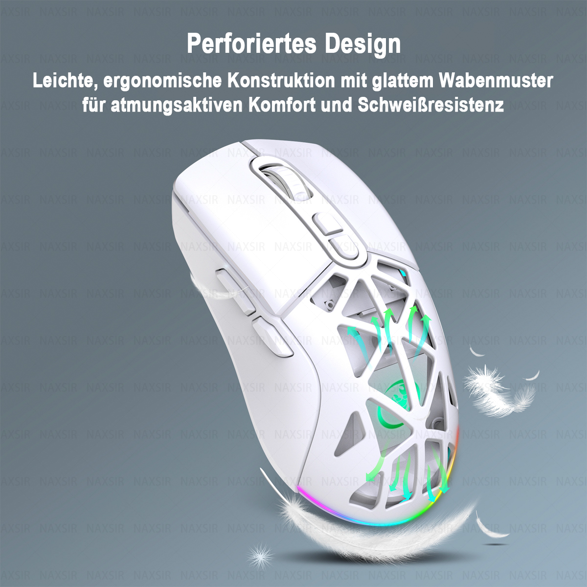 Weiße ergonomische Maus mit Wabenmuster und RGB-Beleuchtung. Mit Federakzenten.