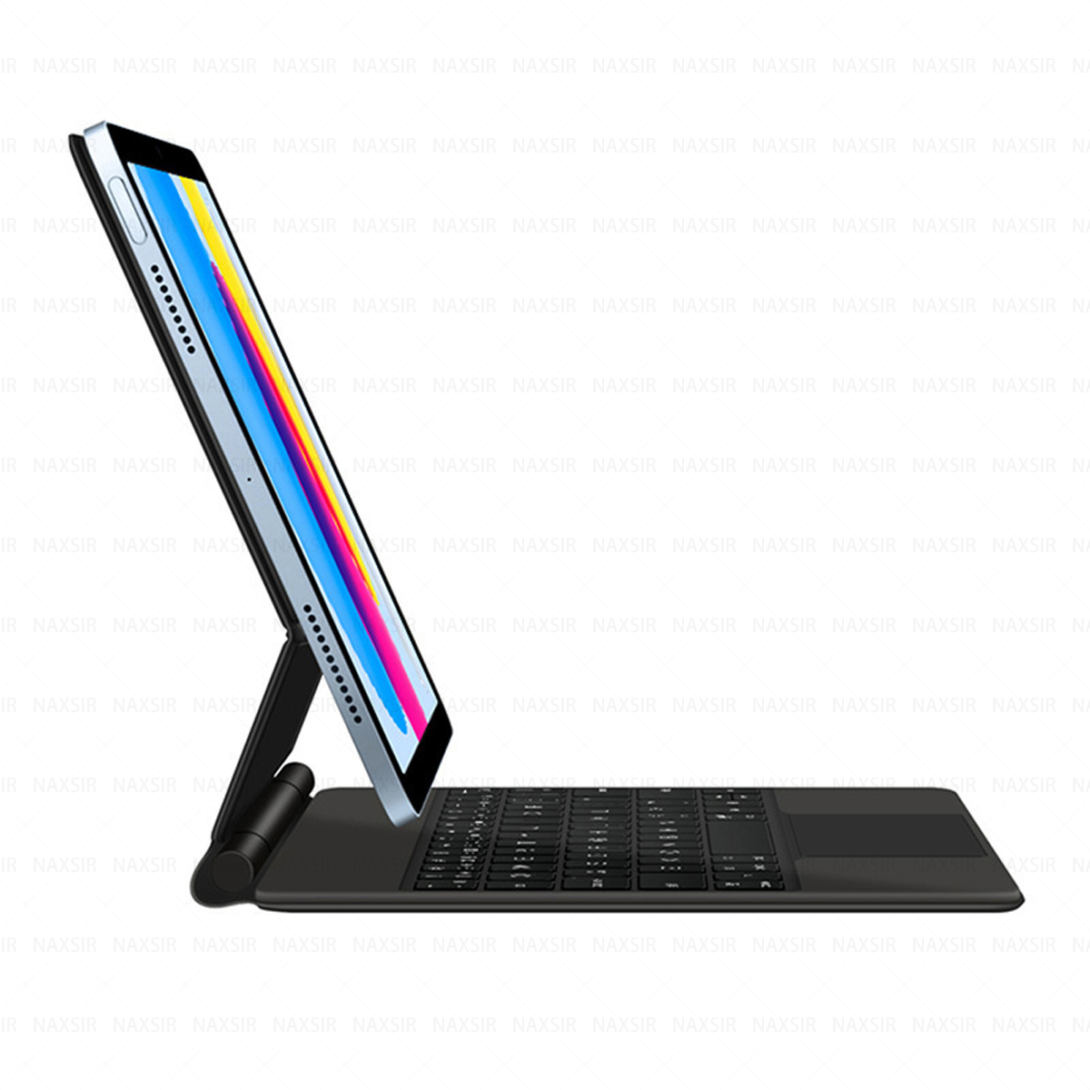 Tablet mit farbenfrohem Bildschirm, verbunden mit einer schwarzen Tastatur. Das Tablet wird von einem Ständer gehalten. Weißer Hintergrund.