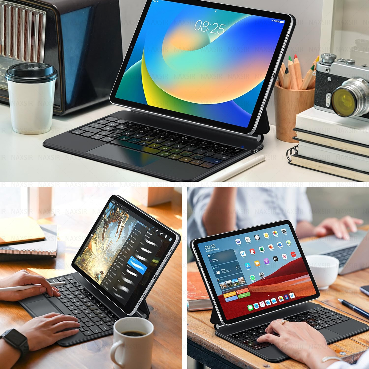 Drei Bilder mit Tablets und Tastaturen. Eines hat einen Kaffeebecher, die anderen Hände tippen auf den Tastaturen.