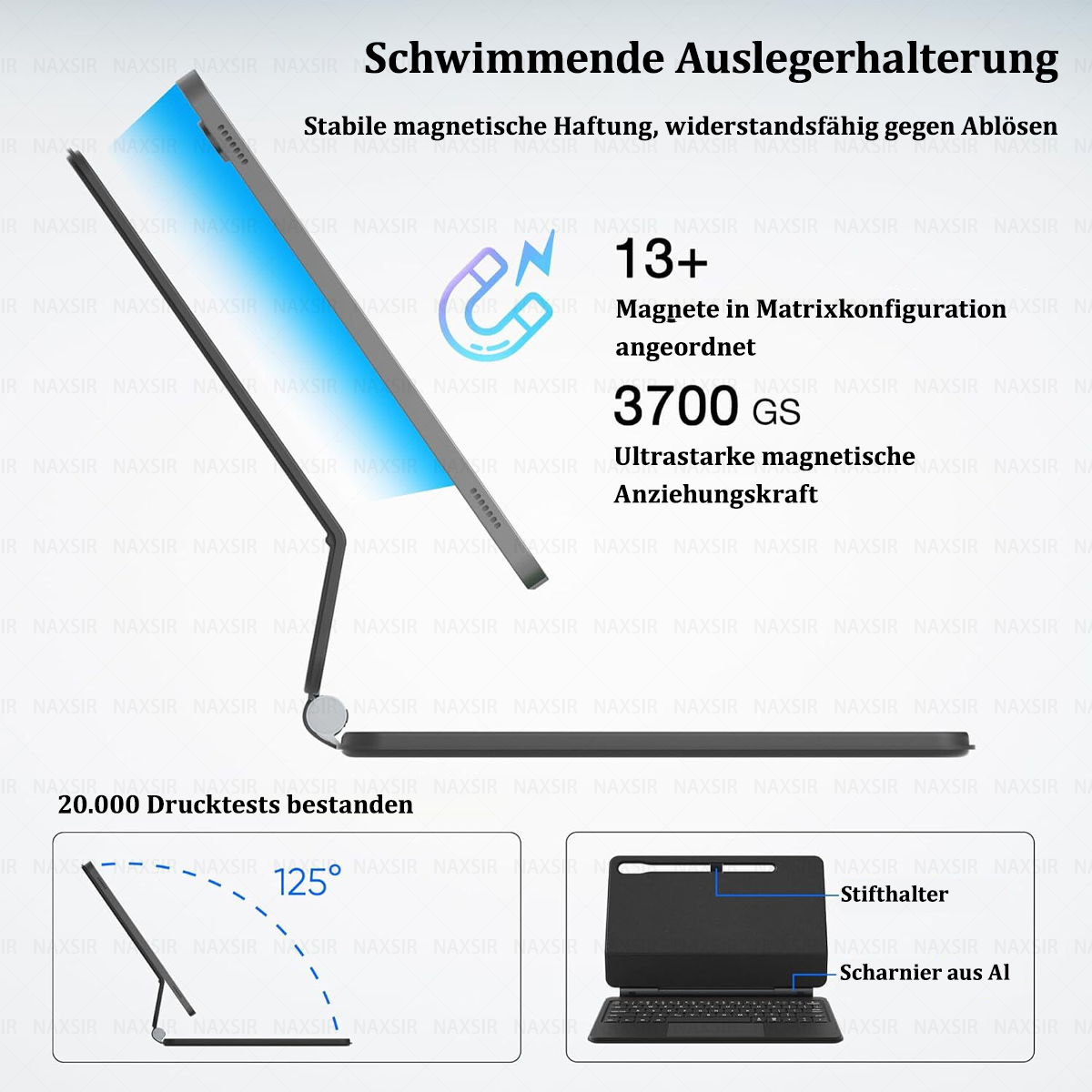 Das Bild zeigt einen Tablet-Ständer mit deutschem Text über magnetische Eigenschaften und Stärke sowie eine Tastatur.