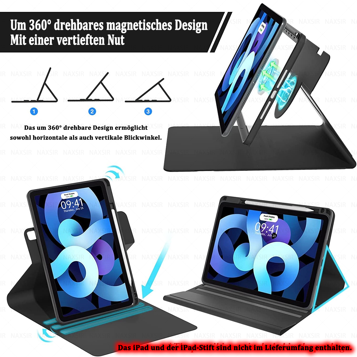 Schwarze Tablethülle mit iPad. Text: 360° magnetisches Design. Grafiken zeigen verschiedene Blickwinkel. iPad und Stift nicht enthalten.