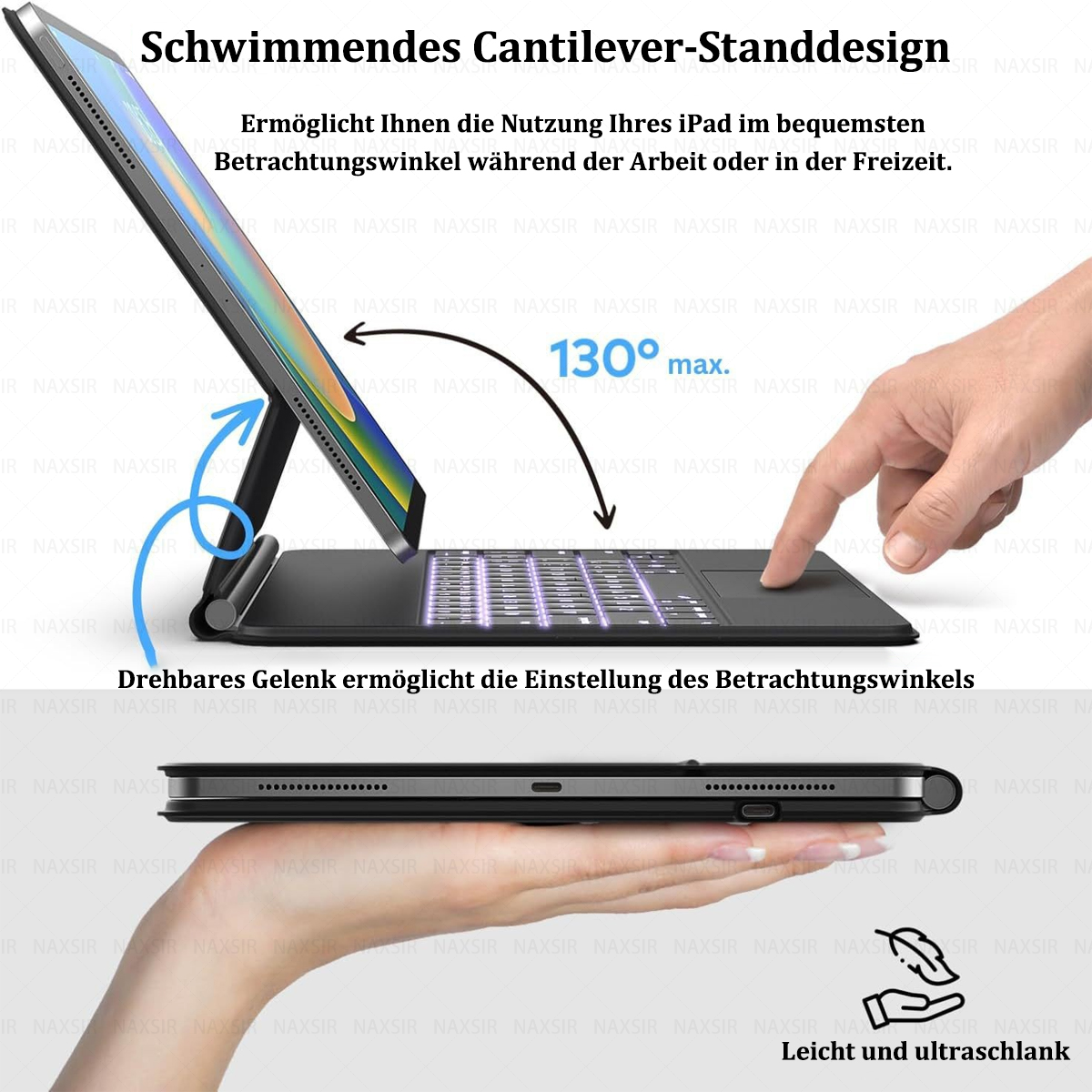 Ein iPad auf einem Tastaturständer, der einen einstellbaren Betrachtungswinkel zeigt. Eine Hand berührt das Touchpad.