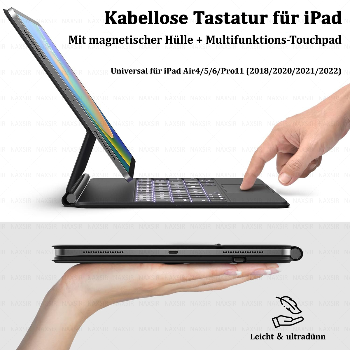 Ein iPad mit Tastaturhülle. Eine Hand berührt das Touchpad. Text: Kabellose Tastatur für iPad, dünn und leicht.