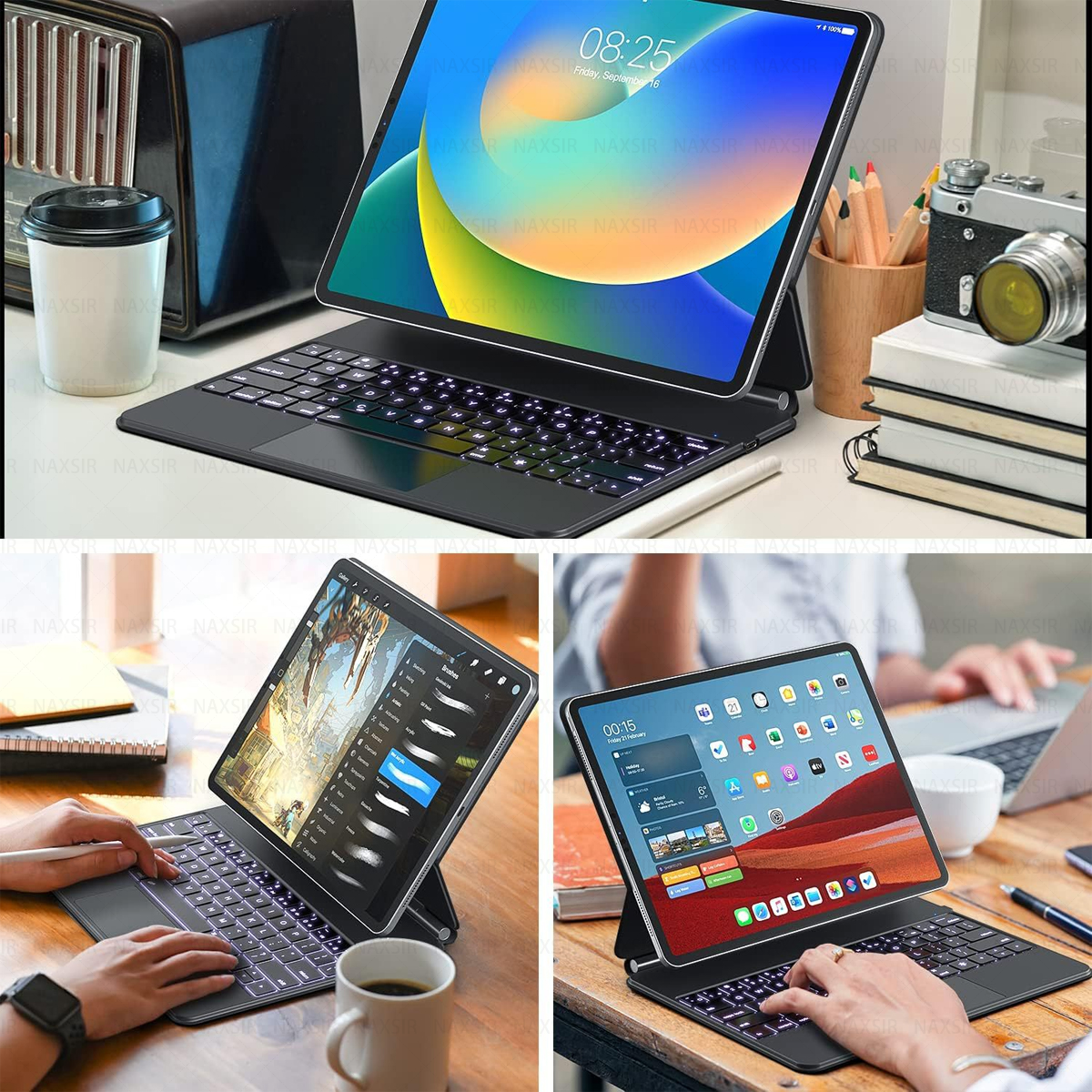 Tablet mit Tastatur, zeigt Bildschirm mit Uhrzeit und Apps. Weitere Elemente: Kaffeetasse, Radio, Stifthalter, Bücher und eine Kamera.