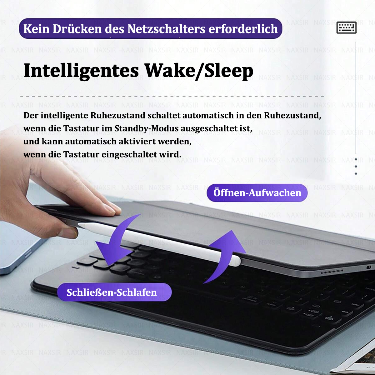 Ein Tablet mit Tastaturhülle wird gezeigt. Pfeile zeigen Weck-/Schlaffunktionen an. Text erklärt die intelligente Weck-/Schlaffunktion.