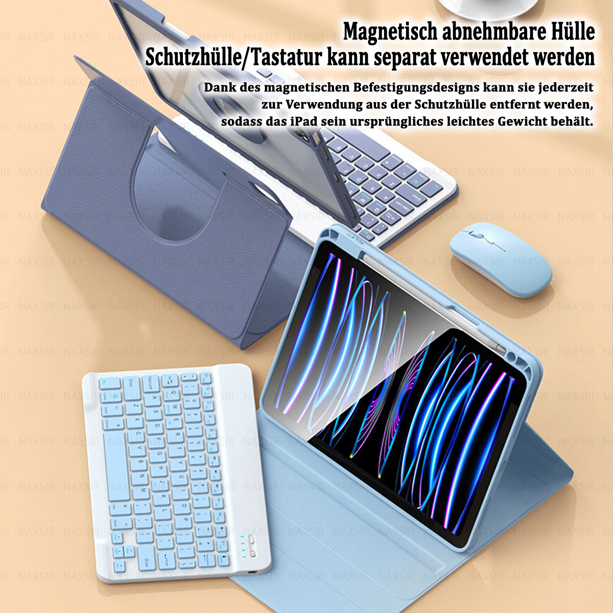 Blaue iPad-Hülle mit Tastatur, Maus und Tablet. Das Tablet zeigt ein farbenfrohes abstraktes Bild.