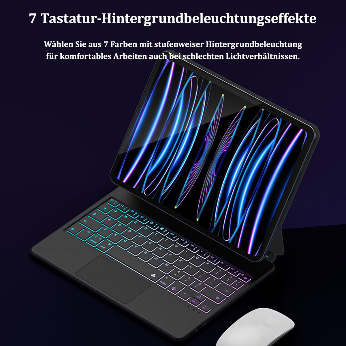 Ein Tablet mit leuchtender Tastatur. Der Bildschirm zeigt Neonlichtmuster. Eine weiße Maus liegt rechts unten.