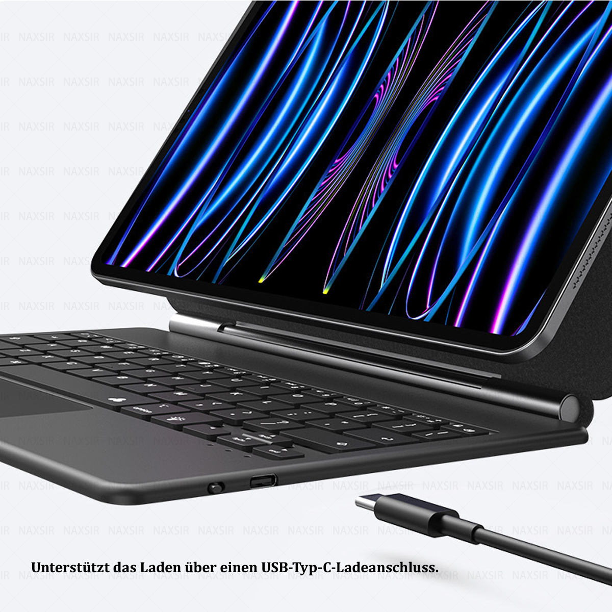Tablet mit Tastatur. Der Bildschirm zeigt blaue und violette Linien. Ein schwarzes USB-C-Kabel ist angeschlossen.