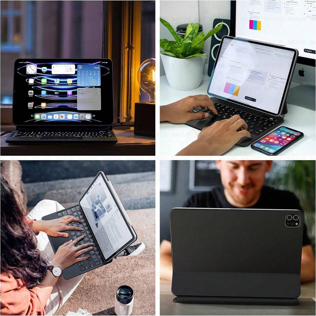 Ein Tablet mit Tastatur ist geöffnet. Eine Person benutzt die Tastatur. Der Bildschirm zeigt ein Dashboard und Apps.